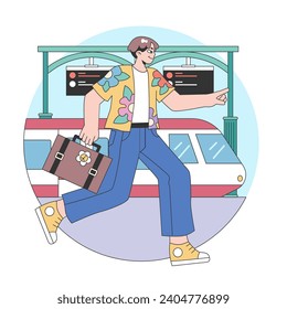 Train trip. Characters traveling by train. Passengers with luggage getting on train. Railway travel and tourism. Flat vector illustration