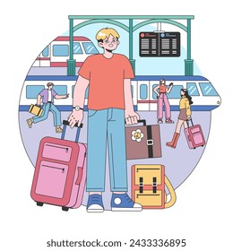Train trip. Characters traveling by train. Passengers with luggage getting on train. Railway travel and tourism. Flat vector illustration