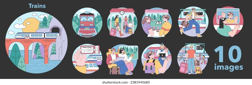 Train trip night or dark mode set. Characters traveling by train. Passengers with luggage getting on train. Railway travel and tourism. Flat vector illustration