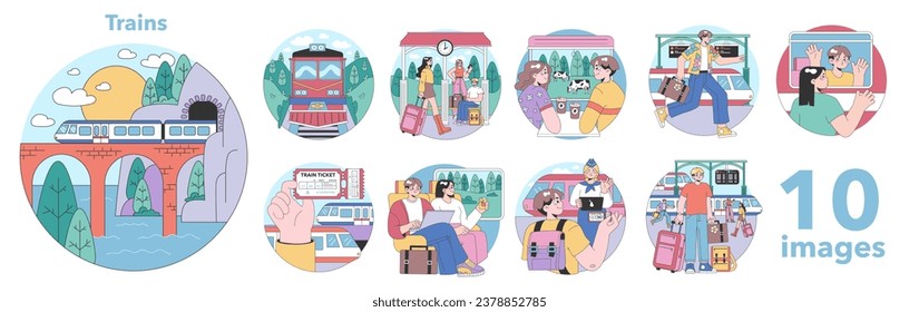 Train trip set. Characters traveling by train. Passengers with luggage getting on train. Railway travel and tourism. Flat vector illustration