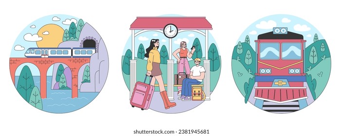 Train trip set. Characters traveling by train. Passengers with luggage getting on train. Railway travel and tourism. Flat vector illustration