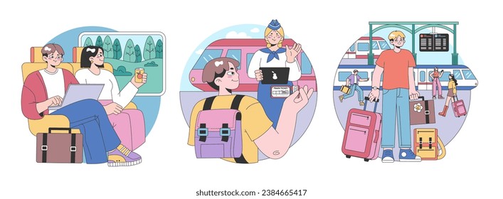 Train trip set. Characters traveling by train. Passengers with luggage getting on train. Railway travel and tourism. Flat vector illustration