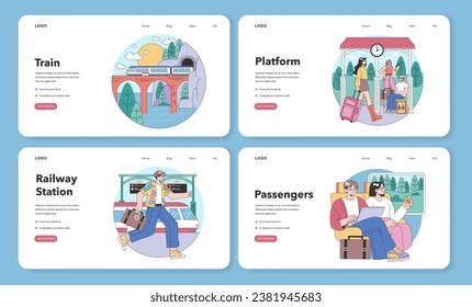 Banner web de viaje en tren o página de aterrizaje. Personajes que viajan en tren. Pasajeros con equipaje subiendo al tren. Viajes por ferrocarril y turismo. Ilustración vectorial plana