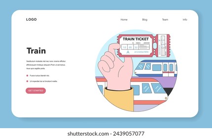 Train trip web banner or landing page. Characters traveling by train. Passengers with luggage getting on train. Railway travel and tourism. Flat vector illustration