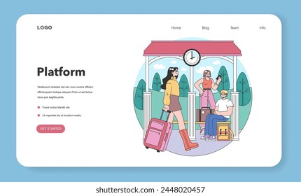 Train trip web banner or landing page. Characters traveling by train. Passengers with luggage getting on train. Railway travel and tourism. Flat vector illustration