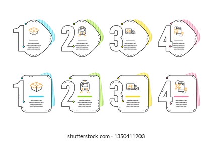 Train, Truck transport and Opened box icons simple set. Flight destination sign. Tram, Delivery, Shipping parcel. Airplane trip. Transportation set. Infographic timeline. Line train icon. Vector