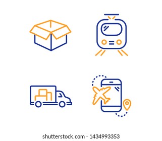 Train, Truck transport and Opened box icons simple set. Flight destination sign. Tram, Delivery, Shipping parcel. Airplane trip. Transportation set. Linear train icon. Colorful design set. Vector