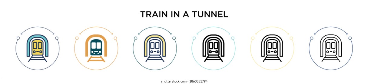 Train in a tunnel icon in filled, thin line, outline and stroke style. Vector illustration of two colored and black train in a tunnel vector icons designs can be used for mobile, ui, web
