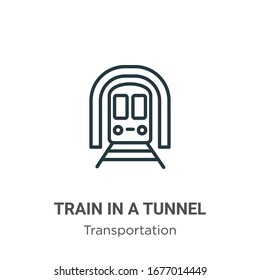 Zug in einem Tunnel Umriss Vektorillustration Symbol. Dünnlinienschwarzer Zug auf Tunnelsymbol, flache Vektorillustration einfache Elementgrafik aus bearbeitbarem Transport aytan Konzept einzeln auf weißem Hintergrund