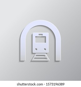 Train, tunnel paper style, vector icon. Grey color vector background