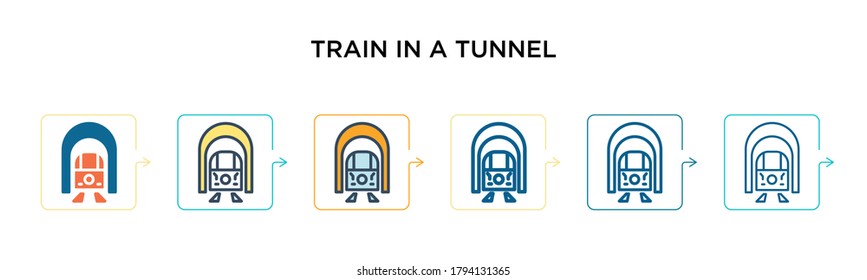 Train in a tunnel vector icon in 6 different modern styles. Black, two colored train in a tunnel icons designed in filled, outline, line and stroke style. Vector illustration can be used for web, 