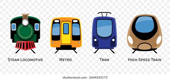 Veículos de tipos de trem definir ilustração cartoon . Incluído fluxo locomotiva, metro, elétrico, trem de alta velocidade . Projeto plano . Isolar no plano de fundo branco . Vetor .