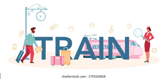 Encabezado tipográfico del tren. Trabajador de tren con uniforme de guardia. El conductor del tren ayuda al pasajero en el viaje. Viajando en tren. Idea de ocupación profesional y turismo. Ilustración del vector