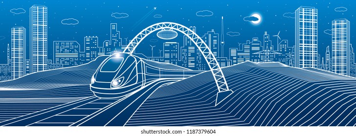 Train under the bridge. Modern night town, neon city. Infrastructure illustration, urban scene. White lines on blue background. Vector design art 