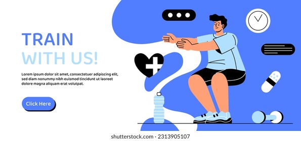 Train with us banner. Active lifestyle, training and sports. Fitness and workout. Young sportsman or athlete squatting near bottle with water and dumbbell. Cartoon flat vector illustration