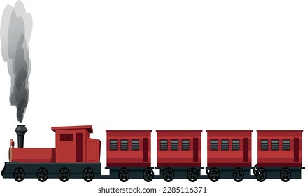 train vector Flat vector web illustration on the theme of travel by train, steam locomotive, vacation, mountain landscape, railway, adventure. Sunny day. The bridge across the river.