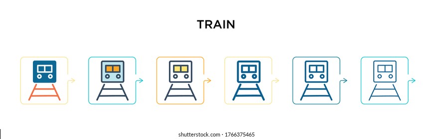 Train vector icon in 6 different modern styles. Black, two colored train icons designed in filled, outline, line and stroke style. Vector illustration can be used for web, mobile, ui