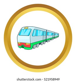 Train vector icon in golden circle, cartoon style isolated on white background