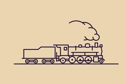 Train Vector Icon: Old Classic 1-3-1 (2-6-2, "Prairie") Steam Engine Locomotive With Exhaust Smoke. Thin Line Pictogram On Flat Background. For Maps, Schemes, Applications And Travel Infographics.
