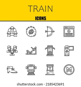 train vector line icons set. team, stopwatch and archery Icons. Thin line design. Modern outline graphic elements, simple stroke symbols stock illustration