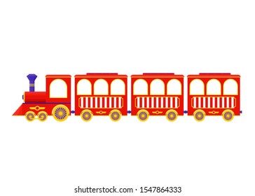 Train. Vector. Red Locomotive Icon. Amusement Park Vintage Attraction, Isolated.  Circus, Fun Fair Carnival Entertainment. Cartoon Illustration On White Background. Daytime Fairground.