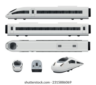 Train. Vehicle for city realistic trains in different point views railroad locomotive decent vector pictures set