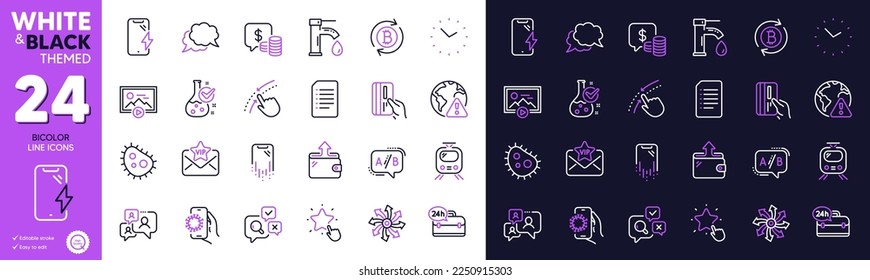 Train, Versatile and Coins line icons for website, printing. Collection of Smartphone charging, Internet warning, Covid app icons. Swipe up, Ab testing, Time web elements. Inspect. Vector