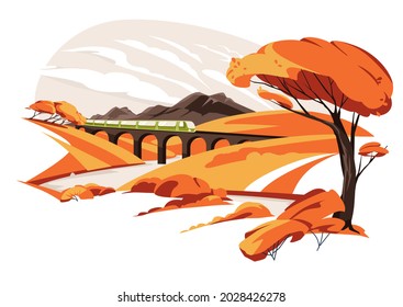 train viaduct among autumn yellow hills. Meadows with mountains. Orange train. Wild nature grass, countryside trees. Fall flat colorful landscape