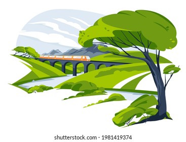 train viaduct among summer green hills. Meadows with mountains. Orange train. Wild nature grass, countryside trees. Summer flat colorful landscape