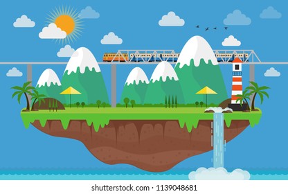 Train vintage with landscape and waterfall. vector illustration