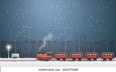 Train vintage run on snow landscape background,paper art Vector and illustration.