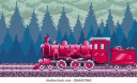 Train, vintage steam locomotive illustration in pixel art style. Forest as background.