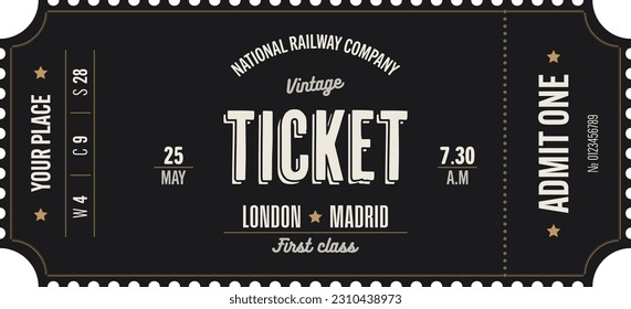 Train vintage ticket template on dark background with golden accents. For excursion routes, retro parties and clubs and other projects. Just add your own text. Vector, can be used for printing. 