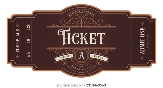 Train vintage ticket template on dark brown background. For excursion routes, retro parties and clubs and other projects. Just add your text. Vector, can be used for printing.