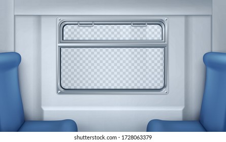 Train wagon interior with seats, window and gray wall. Vector realistic transparent glass window with metal frame and handles in metro, passenger compartment with blue chairs in railway transport