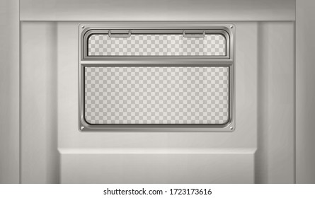 Train wagon interior with window and gray wall. Vector realistic clear glass window with metal frame and handles in metro, passenger compartment in railway transport with transparent background