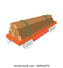 Train wagon loaded with logs icon in cartoon style on a white background
