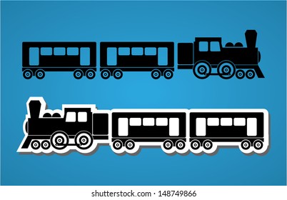 Train and wagon silhouets, black and white, vector illustration