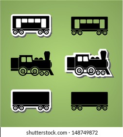 Train and wagon silhouets, black and white, vector illustration
