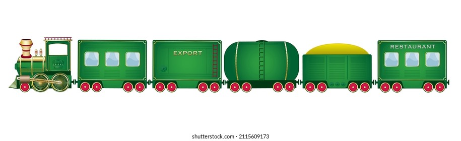 Tren con Wagons Vector Locomotora Verde con Ruedas Rojas y Vagones Diferentes Parece Juego de Caricaturas o Colección