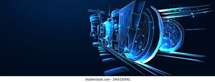 Train wheels on rails, wagon of freight train on the blue background, abstract vector 3d. Transportation, logistics or international shipping concept. Digital polygonal low poly mesh illustration