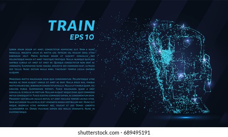 The train which consists of points. Particles in the form of a train on a dark background. Vector illustration. Graphic concept of the railway business.