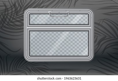 Janela de trem com espaço de cópia verificado e sombra de Palm Leaves. Visão realista do interior do trem. Ilustração de vetor. Elemento de trem. Conceito de design de viagem.