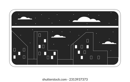 Train window with city building night view line art vector cartoon icon. Editorial, magazine spot illustration black white. Outline object isolated on white. Editable 2D simple drawing, graphic design