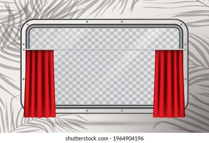 Train Window with Red Curtain and Copy Space on Palm Leaves Background. Vector Illustration. Train Element. Travel Design Concept.