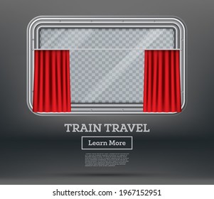 Train Window with Red Curtain and Copy Space. Train Travel. Vector Illustration. Checkered Place for Text.