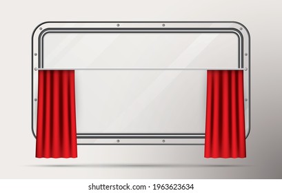 Train Window with Red Curtain on Beige Background. Realistic View From Inside of Train. Vector Illustration. Train Element. Travel Design Concept.