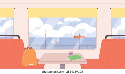 Train window view. Cartoon railway cabin interior with table and cozy chairs. Sea side view from carriage, ocean coast, vacation travel racy vector scene