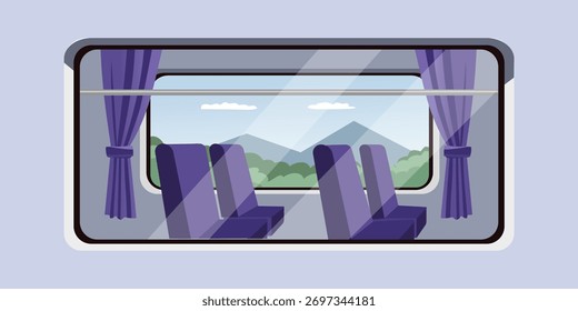 Vista da janela do trem com a paisagem da montanha e assentos vazios. Passenger Train Exterior com Windows. Vista exterior das janelas do vagão ferroviário