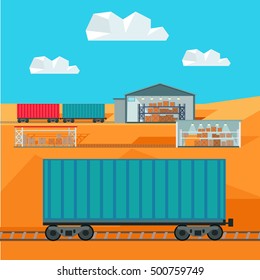Train worldwide warehouse delivering. Logistics container shipping and distribution. Transportation to any part of the world. Railway delivering. Loading and unloading boxes. Vector illustration